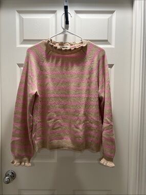 Boden Striped Ruffle Neck Sweater in Pink and Tan - Women